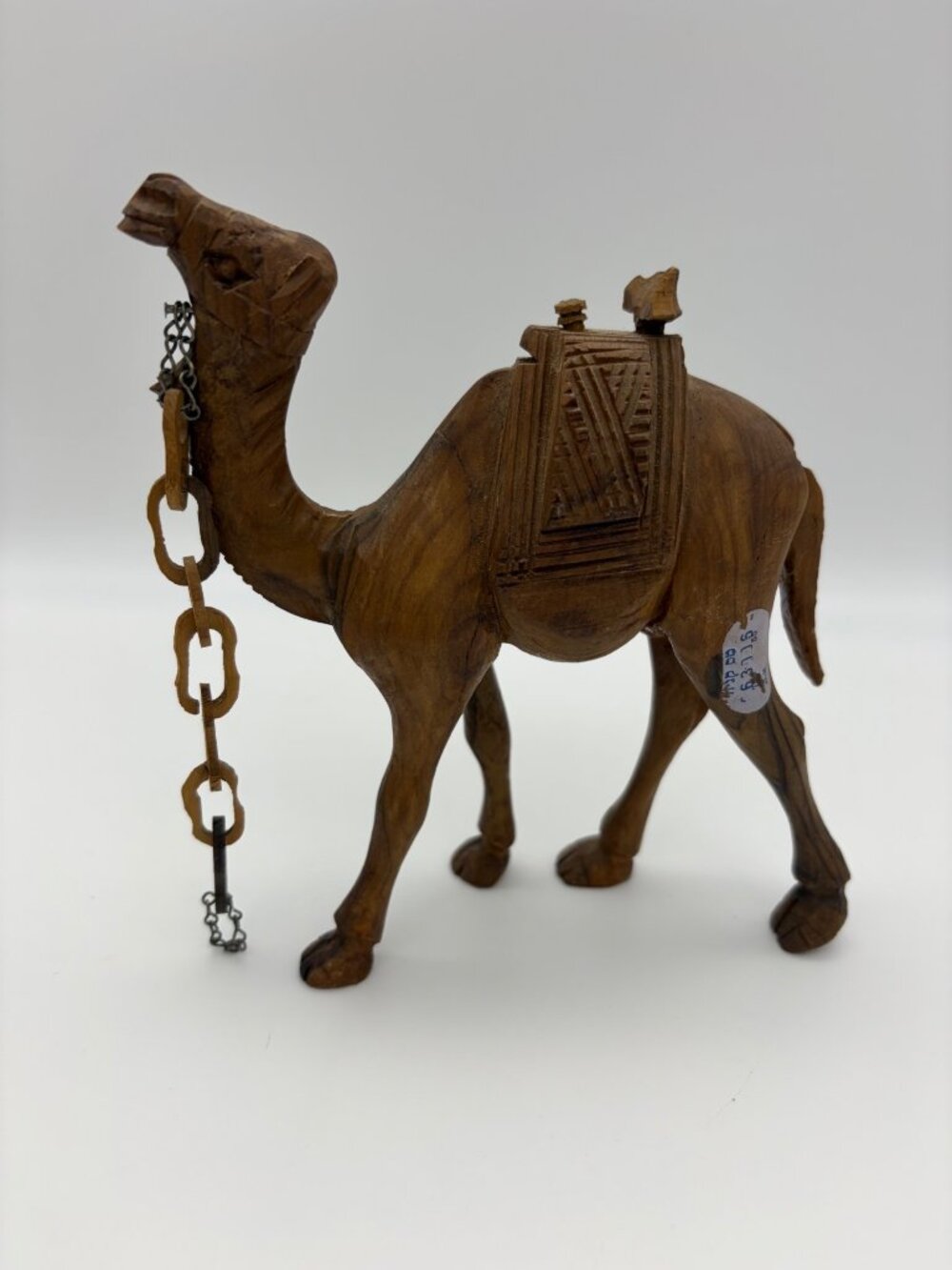 Vintage Hand Carved Wood Camel Figurine Middle East Saddle Chain Folk Art 6 Inch
